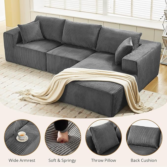 Sectional Cloud Boneless Couch 108 Modern Comfy L-Shape No Assembly Required Convertible Compression Sleeper Modular Sofa with Corduroy Fabric Deep Seat Loveseat + Chaise for Living Room