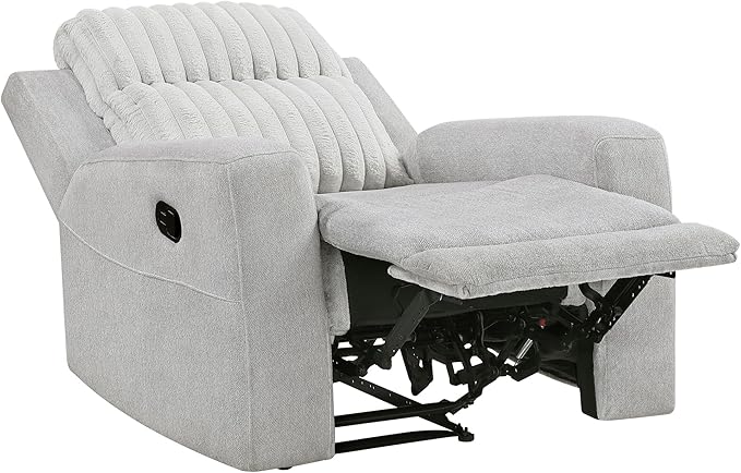 Lexicon Modern Recliner Chair for Living Room Manual Wall Hugger Textured Microfiber Reclining Chair Plush Corduroy Channel Seat Back Manual Recliner Light Gray