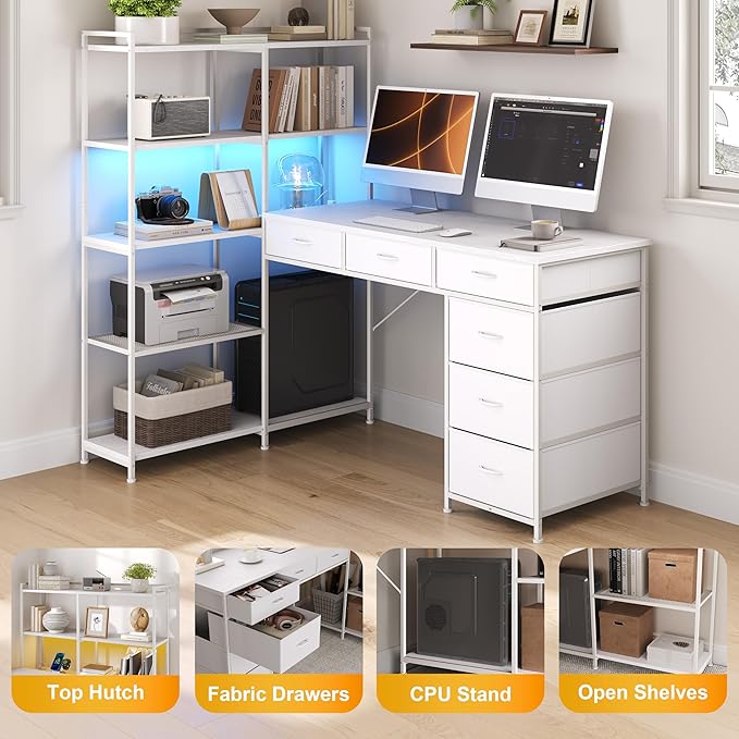 Garvee L Shaped Gaming Computer Desk with 6 Fabric Drawers Corner Gaming Desk with Open Shelves Home Office PC Table with Power Outlets &amp LED Lights 58.3 l*54.3 h White