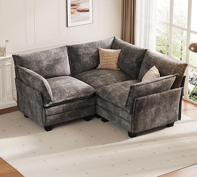 KKL Modular Sectional Sofa V-Shaped 3 Seater Cloud Couch with Ottoman Chenille Modern Sectional Couches for Living Room Apartment Grey