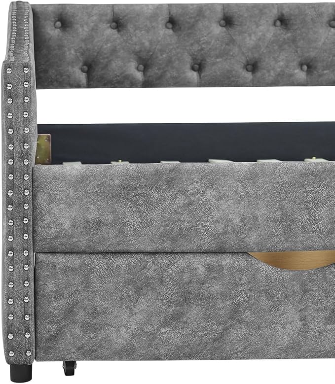 Twin Size Upholstered Daybed with Drawers Tufted Sofa Bed with Waved Arms Grey Polyester Mid-Century Design 500lbs Capacity