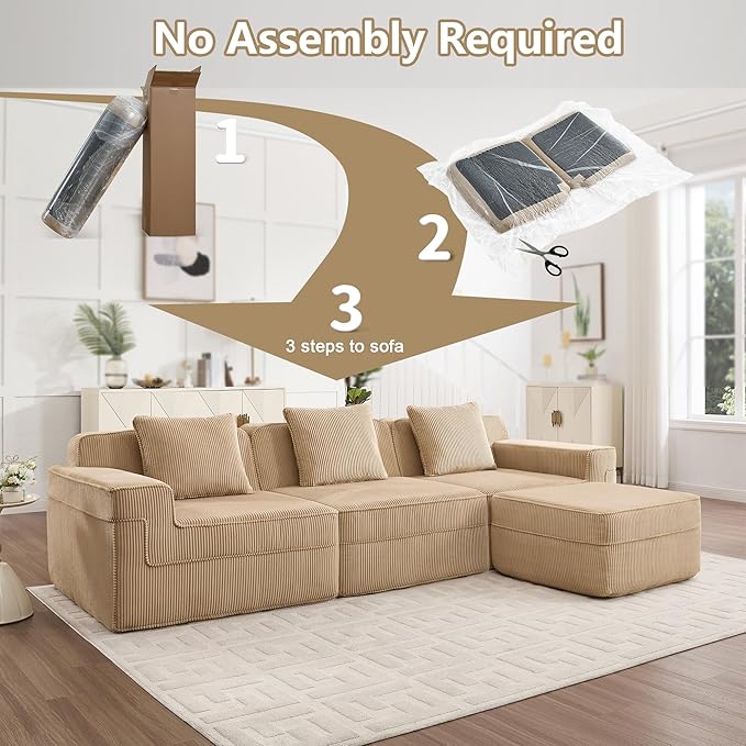 4 Seater L Shape Sectional Boneless Sofa117.3 Cloud Sectional Couch with Deep Seat No Assembly Required Throw Pillows and 1 Movable Ottoman Corduroy Fabric Camel