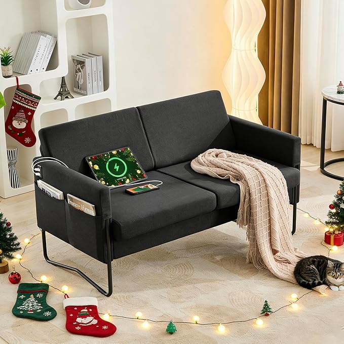 STHOUYN 51” Small Loveseat Sofa for Small Spaces Comfy Black Couch with 2 USB Ports Modern 2 Person Loveseats for Living Room Bedroom Mini Teen Office Couch (Black)