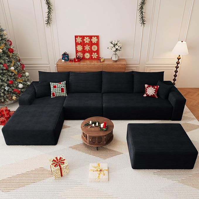 136 U Shaped Cloud Sectional Couch with Fluffy Corduroy Deep Memory Foam Seats Sofa with 1 Ottoman for Living Room No Assembly Required(BlackLeft-Facing Chaise)