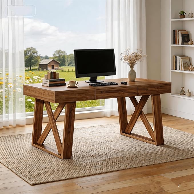 Tribesigns 55 Inch Walnut Computer Desk with Drawer Mid-Century Farmhouse Executive Desk Rustic Wide Desktop Home Office Desk for Workstation