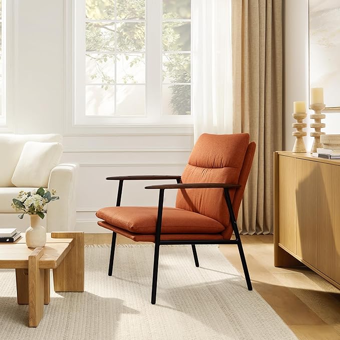 Zouron Upholstered Accent Chair with Metal Frame Modern Living Room Reading Chair with Wooden Armrests and Cushion Back Caramel