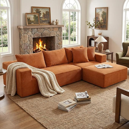 INGEROOM 108 Cloud Sectional Couch with Deep Seat Modular Sofa Memory Foam Boneless Sofa with Movable Ottoman Upholstered Couches for Living Room Bedroom No Assembly Required Orange