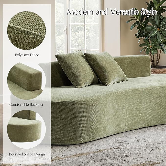 HULALA HOME 94.5 Curved Boneless Couch with Two Pillows Oversized 3 Seater Compressed Foam Sofa with Deep Seat Modern Cloud Couch for Living Room No Assembly Required Olive