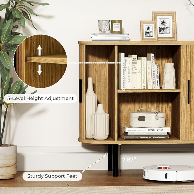 BREEZEHEAT 47 Mid Century Modern TV Stand-Fluted Sideboard Buffet Cabinet –Tambour Credenza Console Table w/Sliding Doors &amp Adjustable Shelves–Small TV Stand for Living Room/Bedroom