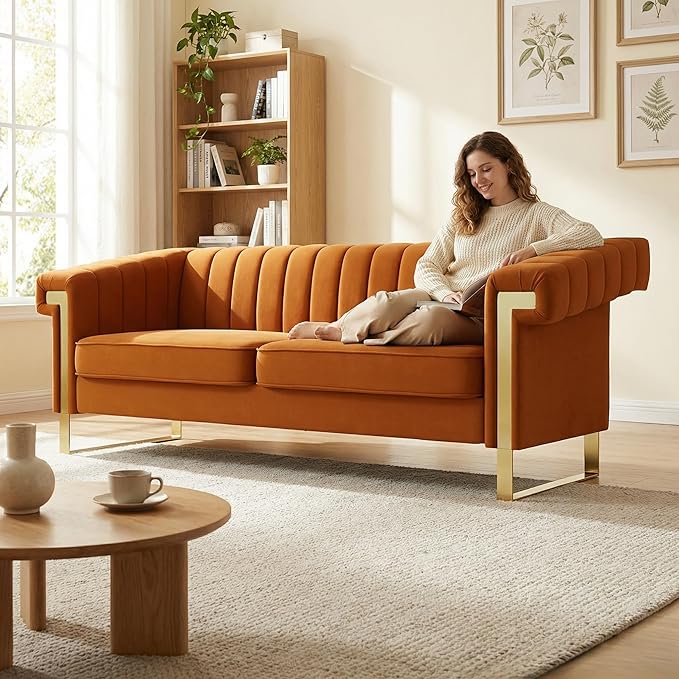 Luxury Velvet 3-Seater Sofa Mid-Century Modern Couch with Gold Metal Legs Waterfall Stitched Back Removable Cushions for Living Room Durable &amp Comfortable (Orange)