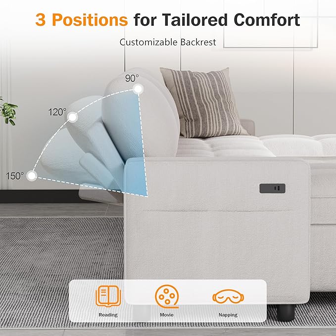 Sunny Heart Modular Sectional Sleeper Sofa with Pull Out Bed Chenille U Shaped Sectional Sofa with USB Ports/Adjustable Backrest/2 Storage Seats Tool-Free Assembly Couches for Living Room Beige