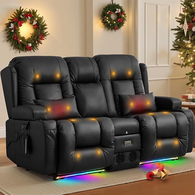 TUNYI Power Loveseat Recliner Sofa with Massage &amp Heat Home Theater Seating with Console RV Recliner Loveseat Sofa with USB/Storage/Side Pocket/LED Light/Speaker (Black Loveseat)