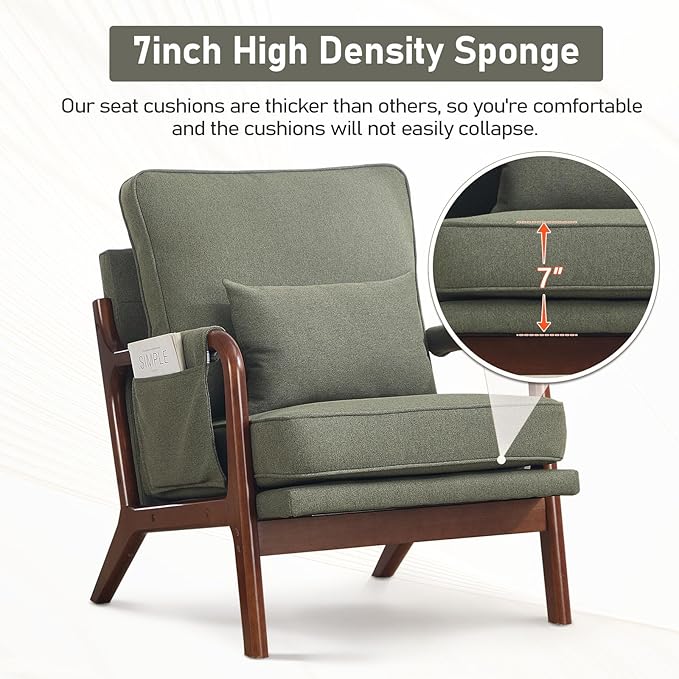 ANJ Mid Century Modern Accent Chair Set of 2 Lounge Reading Armchair with Extra Side Pocket &amp Detachable Cushion Comfy Fabric Accent Chairs for Living Room Bedroom Green