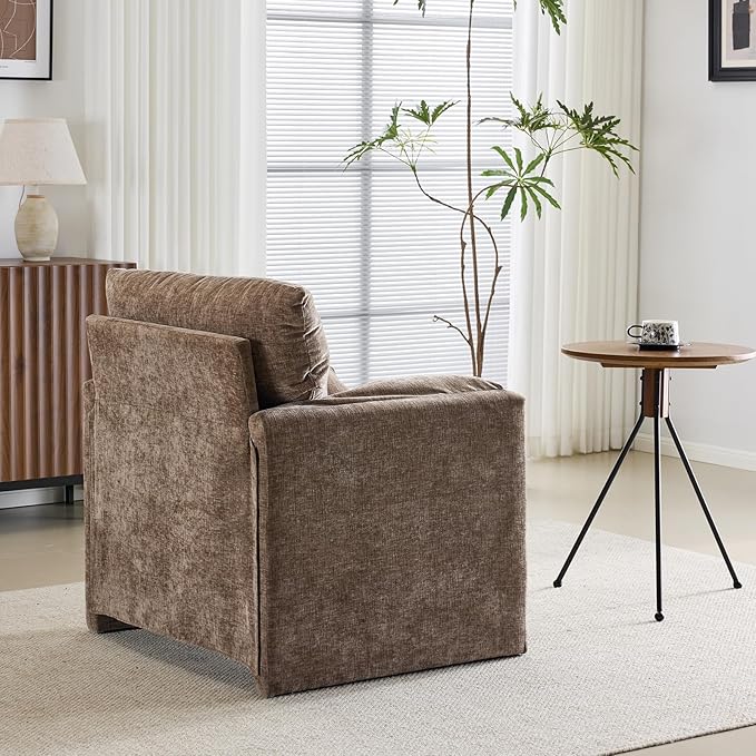 Chenille Oversized Armchair 34 Wide Accent Chair for Living Room Bedroom Modern Upholstered Lounge Chair Mid-Century Reading Chair Comfy Single Sofa Chair Brown