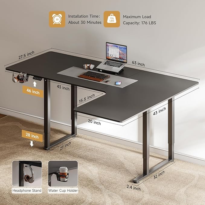 ONBRILL L Shaped Standing Desk 63x43 Inches Electric L Stand Up Desk with 4 Legs Dual Motor and Memory Controller Adjustable Height from 28-46 Inches for Home and Computer Workstation Black