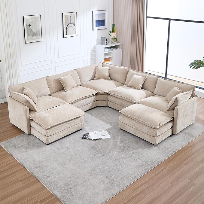 Oversized Modular Sectional Sofa Couch Large U Shaped Corner Couch with Ottoman Chenille Cloud Couches for Living Room Convertible 7 Seater Sectional Sofa for Office Spacious Space Camel