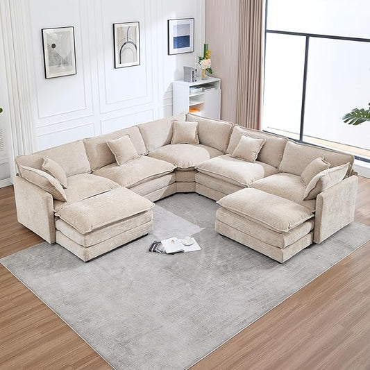 Oversized Modular Sectional Sofa Couch Large U Shaped Corner Couch with Ottoman Chenille Cloud Couches for Living Room Convertible 7 Seater Sectional Sofa for Office Spacious Space Camel