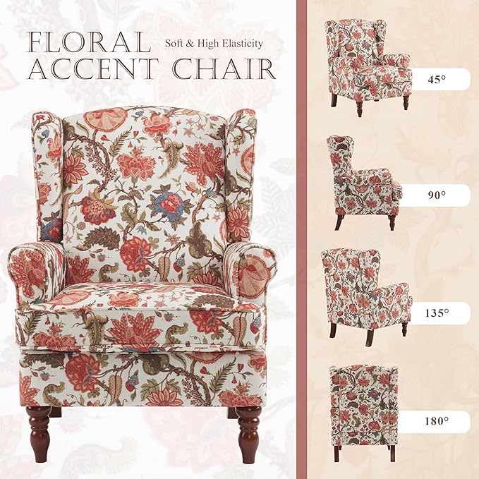 MELLCOM Floral Accent Chair High Back Upholstered Armchair with Solid Legs Leisure Single Sofa Chair for Living Room Bedroom Home Office Red Floral