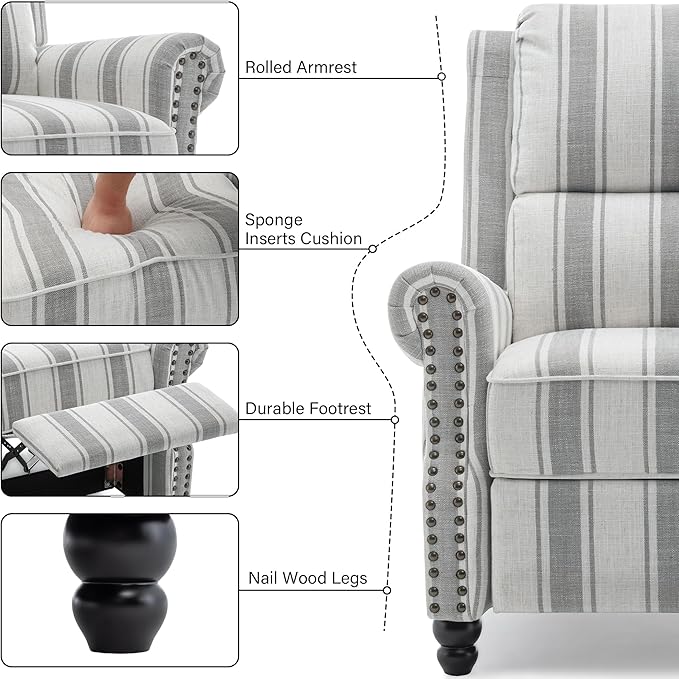 Recliner Chair Modern Pushback Armchair with Adjustable Backrest &amp Footrest for Bedroom Living Room (Grey StripeSet of 1)