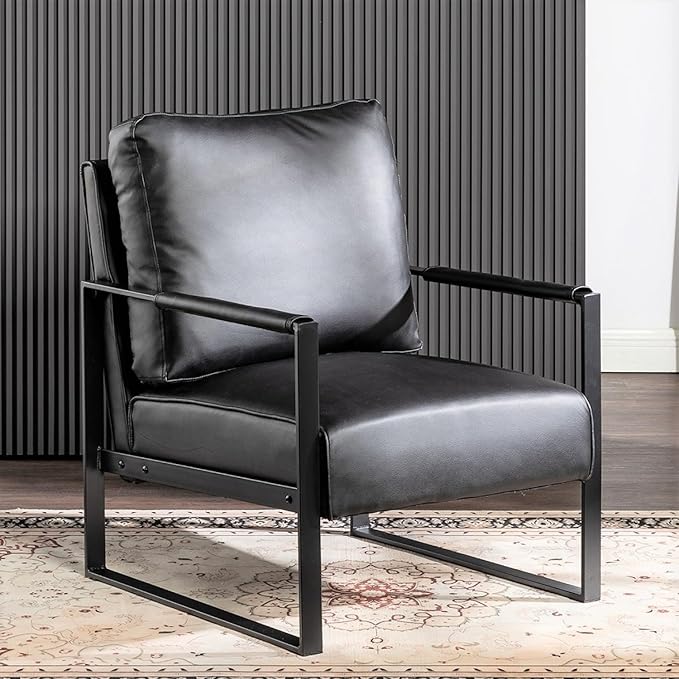 Mid-Century Modern Accent Chair with Metal Frame Black Faux Leather for Living Room Bedroom or Home Office