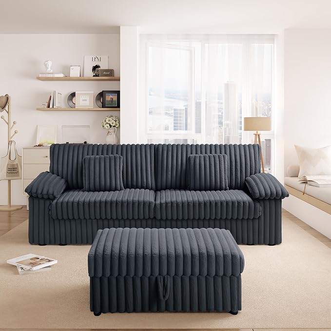 HIFIT 92 Sectional Loveseat Sofa Modern Cloud Couch L Shaped Modular Sectional Sofa with Deep Seat Storage Ottoman USB Port Corduroy Home Sofas Living Room Set Love Seat for Bedroom Office Grey
