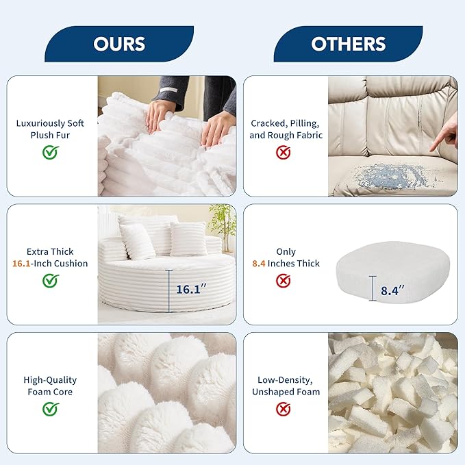 Garvee 55 Round Oversized Chaise Longue Chair Indoor Corduroy Upholstered Boneless Cloud Couch Deep Seat Sleeper Floor Sofa Chair for Living Room Bedroom Apartment White