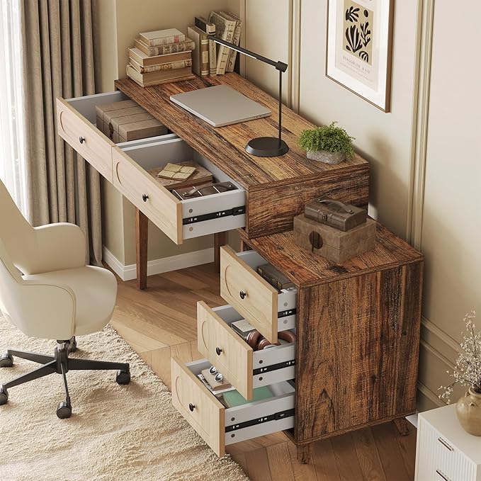 LITTLE TREE 39-Inch Computer Desk with 5 Drawers Extendable Table with Storage for Small Space Home Office Reversible Design (Rustic Brown)