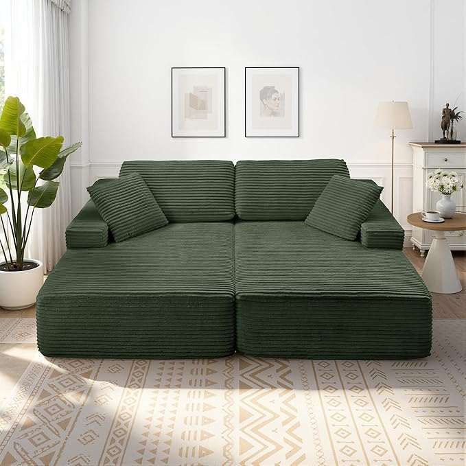 89.3” Oversized Double Chaise Lounge Indoor Green Corduroy Chaise Lounge Chair Upholstered Sleeper Sofa Bed Deep Seat Sleeper Loveseat Reading Chairs Boneless Cloud Couch for Living Room Bedroom