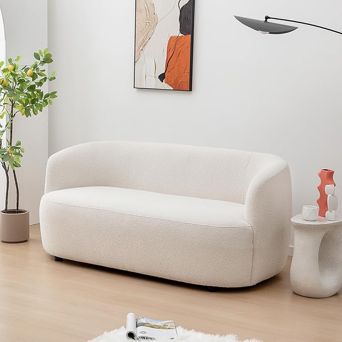 KINWELL 68-Inches Boucle Upholstered Loveseat 2 Deeper Seat Sherpa Sofa Couch with 4 Toss Pillows for Small Spaces Apartment Living Room Beige