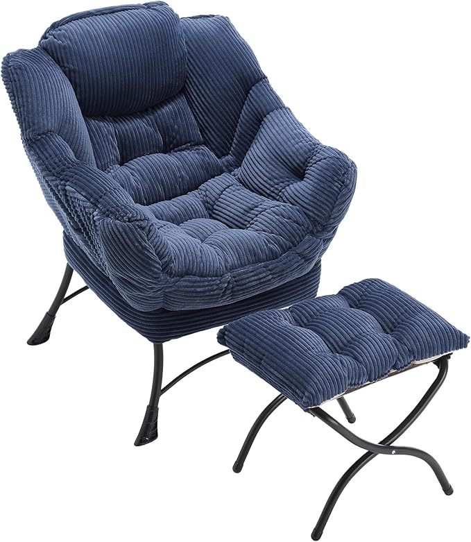 Lazy Chair with Ottoman Set Modern Lounge Upholstered Accent Sofa Chair with Armrests and Side Pocket for Small Space Bedroom Living Room Dorm Rooms Garden Navy Blue