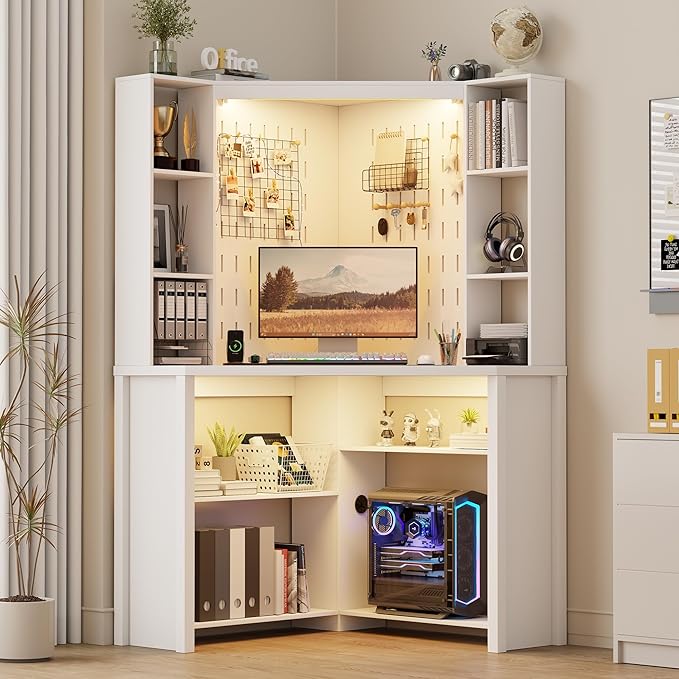 Corner Desk with LED Reading Lights L Shaped Computer Desk with Hutch &amp Shelves Triangle Home Office Desk w/ Charging Station for Work &amp Study File Cabinet Storage Bookshelf for Small Space