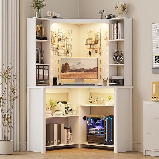 Corner Desk with LED Reading Lights L Shaped Computer Desk with Hutch &amp Shelves Triangle Home Office Desk w/ Charging Station for Work &amp Study File Cabinet Storage Bookshelf for Small Space