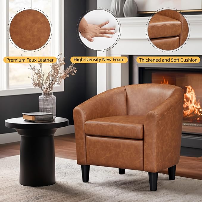 Topeakmart Leather Accent Chair PU Leather Modern Barrel Chair Club Armchair with Soft Padded for Living Room Bedroom Brown Set of 2