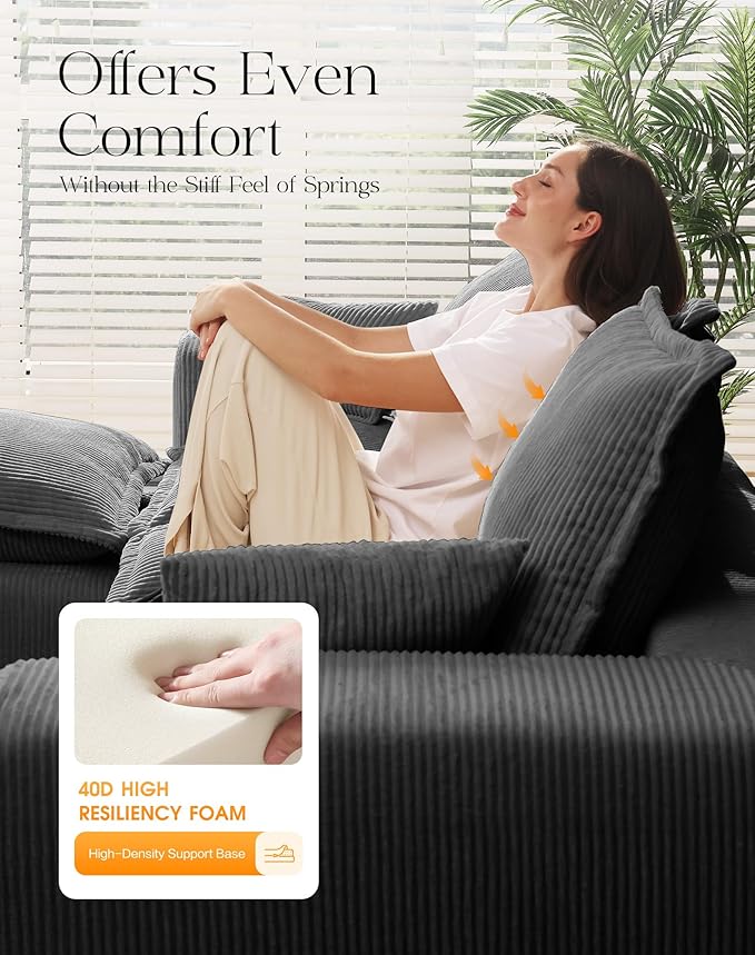 107 Boneless Comfortable Couch with Chaise L Shaped Modular Sectional Couches for Living Room Grey Corduroy Sofas with Ottoman Compressed Sofa in a Box No Assembly Required