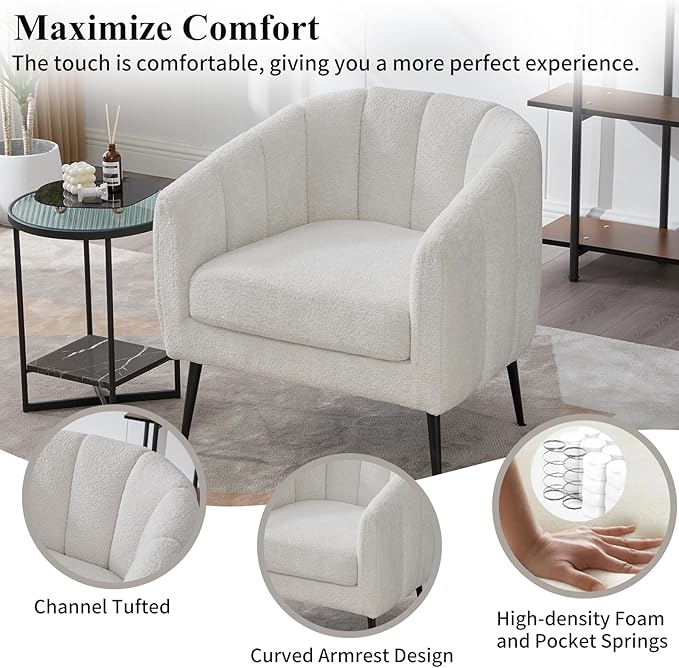 Modern Accent Chair Chenille Upholstered Accent Single Sofa with Metal Legs Tufted Lounge Chair with Wraparound Backrest Leisure Armchair for Living Room Office (Ivory)