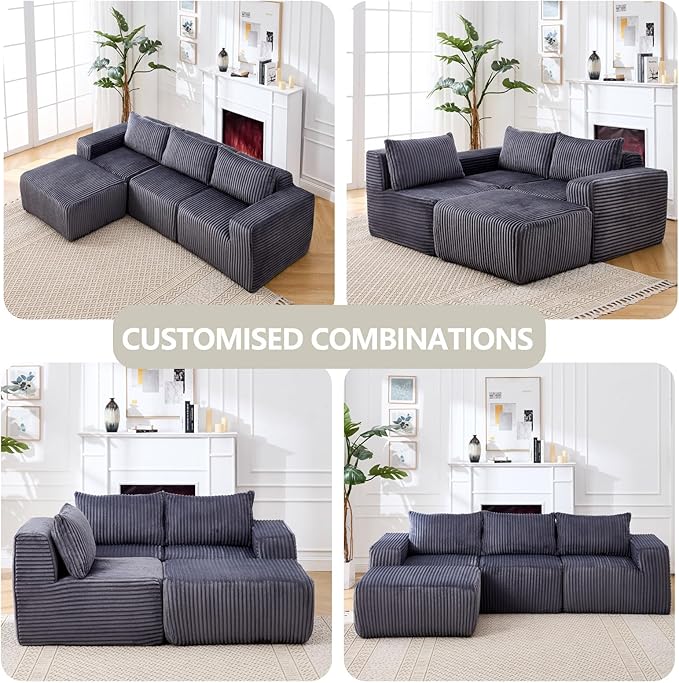 100.79 L-Shape Cloud Couch with Ottoman Upholstered Corduroy Modular Sectional Sofa Deep Seat Couch with Free Combination for Living Room &amp Bedroom No Assembly Required Dark Grey