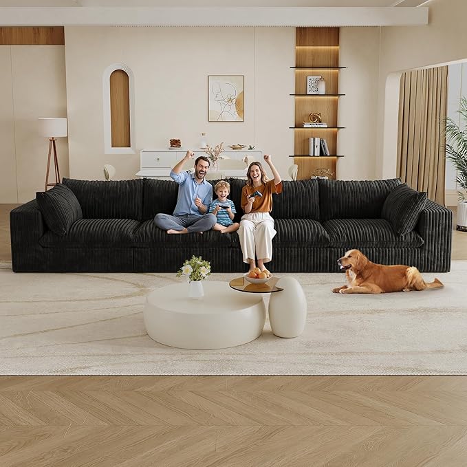 157.6 Modular Sectional Sofa Cloud Couch Modern Fluffy Boneless Couch Deep Seat Upholstered Sofa for Living Room Furniture Bedroom and Apartment (Black 4-Seater) | Plush Corduroy