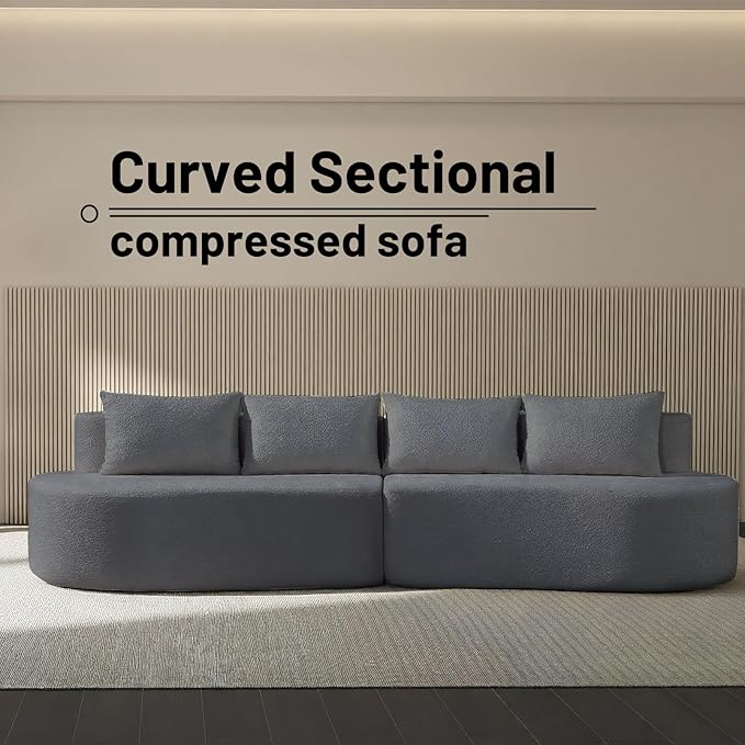 110 Boneless Arc Sectional Sofa 4-Seater-Cloud Couch Compressed in-2-Box Extra Deep Wide Seats for Apartment Living RoomTerry Cloth Fabric No Assembly Carbon Gray