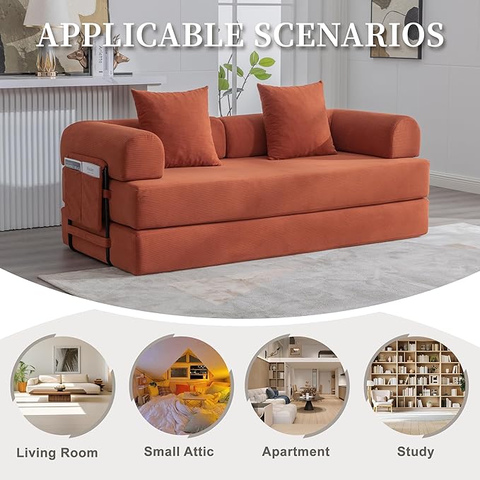 4‑in‑1 Convertible Sleeper Sofa Bed DIY Combination Floor Sofa Lounge Couch with Cylindrical Pillow Corduroy Futon Folding Mattress Couch for Apartment Bedroom Playroom Orange