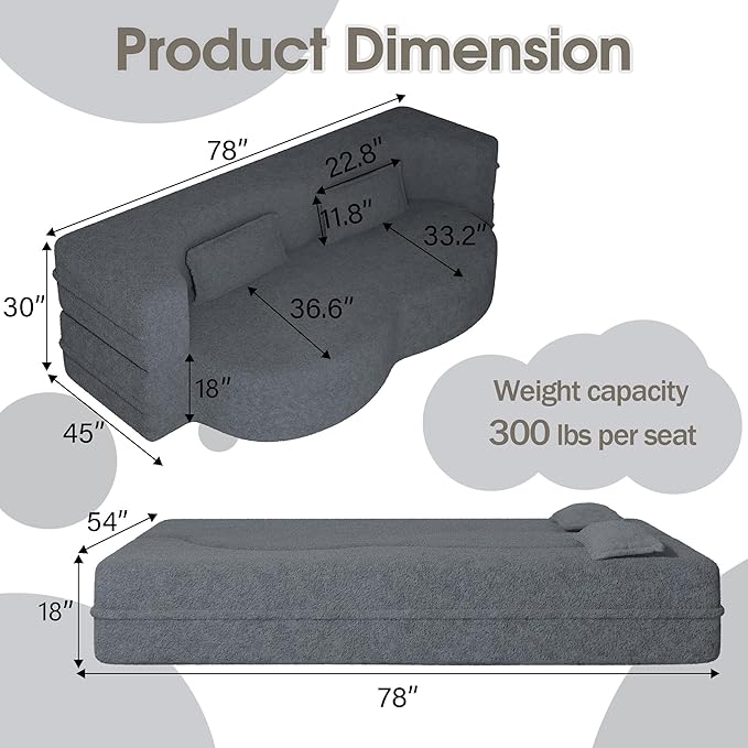 78 Convertible Sofa Bed 2-in-1 Folding Floor Couch with 2 Pillows Sleeper Sofa for Living Room and Bedroom No Assembly Required (Grey Teddy Fabric)