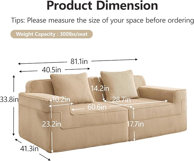 Boneless Couch81 No Assembly Oversize Modular Sectional Cloud CouchCompressed Sofa in a Box Solid Foam Corduroy Sofa with Ottoman for Living Room (Camel Corduroy2 Seats)