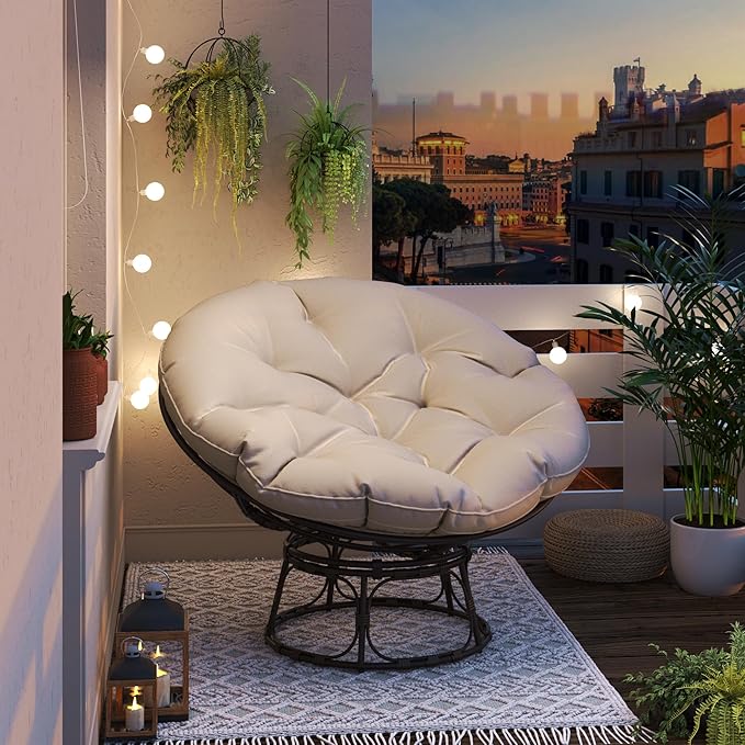 46'' Large Size Papasan Chair (Non-Swivel) with Cushion and Frame Lazy Circle Round Chair for Bedroom and Living Room Beige