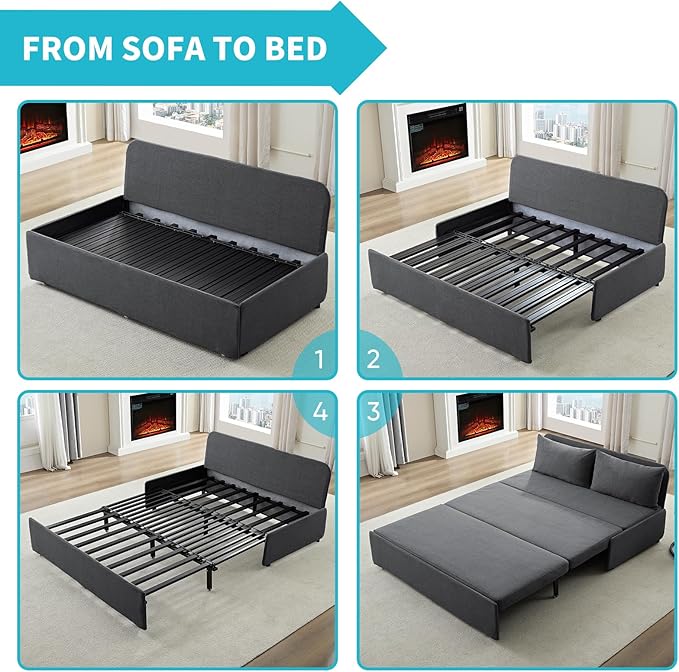 CECER 64.2 Queen Size Pull Out Sofa Bed Pull Out Couch Bed with 2 Pillows Linen Convertible Sleeper Sofa with Comfy Mattress 2 in 1 Armless Loveseat Sleeper for Living Room-Dark Grey