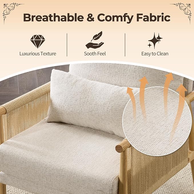 Karl home Cozy Chenille Accent Chair with Lumbar Pillow &amp Rattan Arms Modern Lounge Chair for Living Room Bedroom Reading Nook Gray