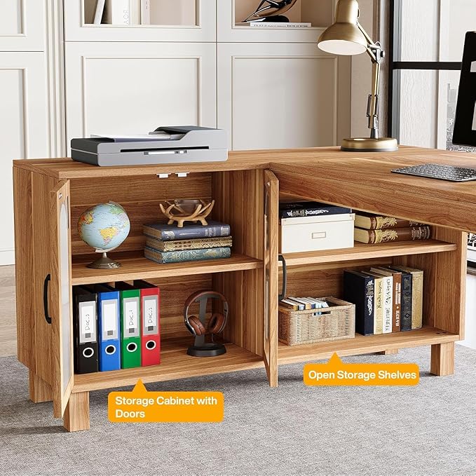 Tribesigns 59 L Shaped Desk with File Cabinet Executive Office Desk with Storage Shelves Modern Wood Computer Desk Coner Writting Desk for Home Office Work Study (Rustic Brown)