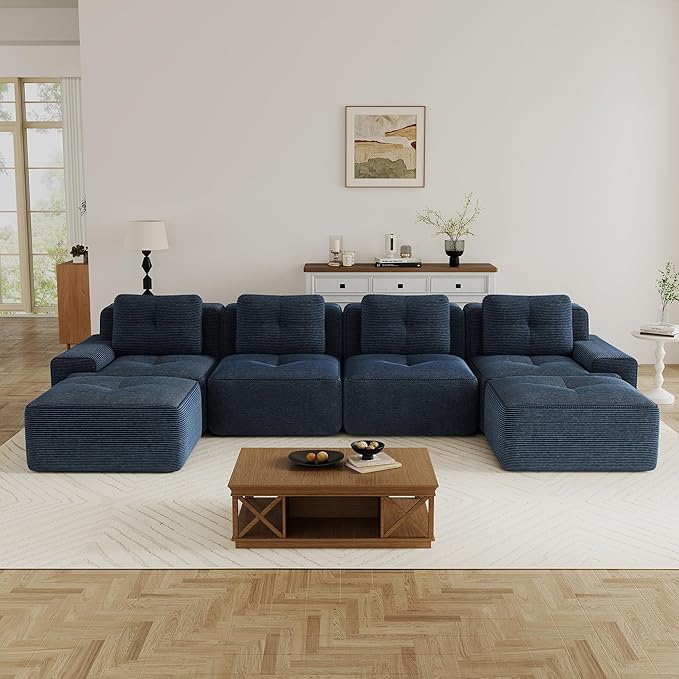 Modern U Shaped Boneless Couch with Ottoman 152.7” Oversized 6 Seater Modular Sectional Sofa Comfy Corduroy Cloud Sleeper Sofa with Deep Seat Upholstered Couches for Living Room Apartment Blue