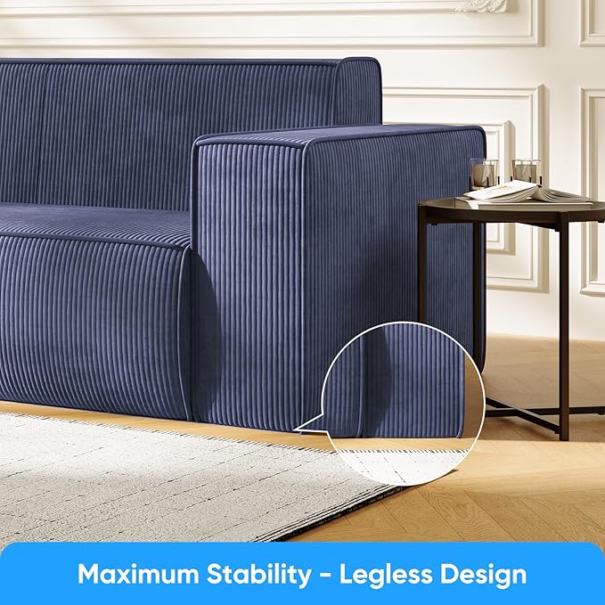 PUREMIND 3 Seater Sofa in a Box 76 Modern Corduroy Sofa Couch with Widen Armrest No Installation Comfy Deep Seat Couches for Living Room Apartment Blue