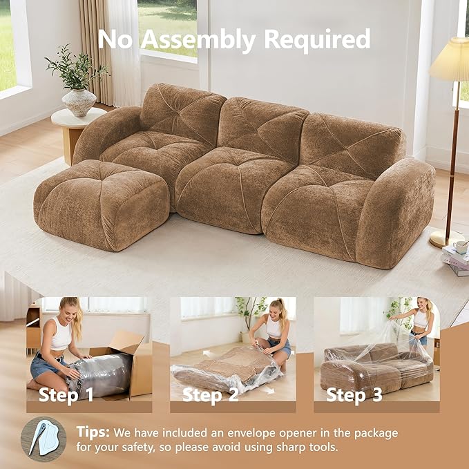 110-Inch Cloud Sectional Couches L-Shaped 4 Seat Boneless Modular Sofa with Ottoman Velvet Tufted Upholstered Boneless Couch Floor Full Foam Sofas for Living Room
