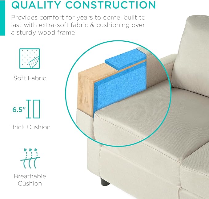 Best Choice Products Upholstered Sectional Sofa for Home Apartment Dorm Bonus Room Compact Spaces w/Chaise Lounge 3-Seat L-Shape Design Reversible Ottoman Bench 680lb Capacity - Beige