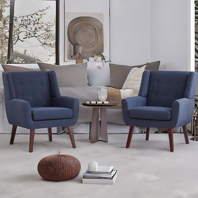HUIMO Accent Chair Arm Chair Set of 2 Button Tufted Upholstered Reading Chair Linen Fabric Mid Century Modern Chairs for Bedroom Living Room Chair Comfy Sofa Chair(2 Dark Blue)